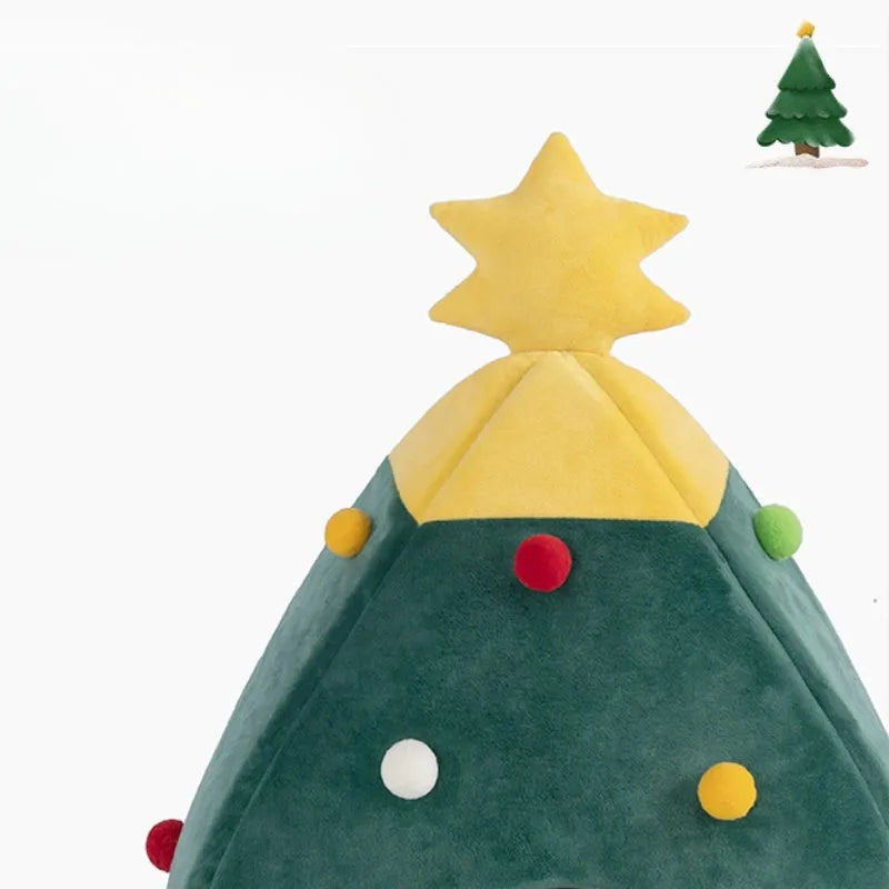 Red Christmas tree shaped plush cave bed for a cat or small dog on a wooden floor