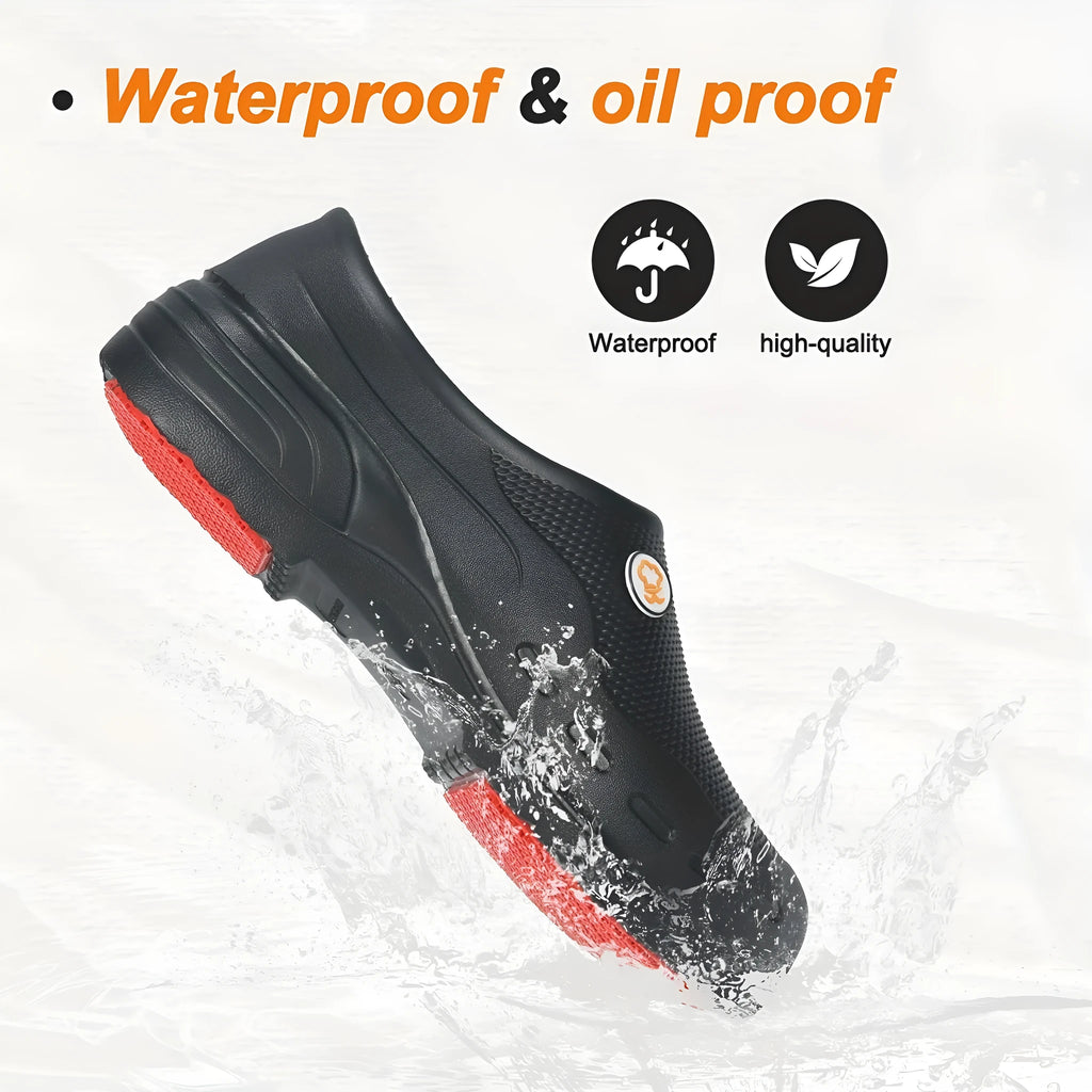 Men's non-slip work shoes in orange and black with PU upper and rubber sole