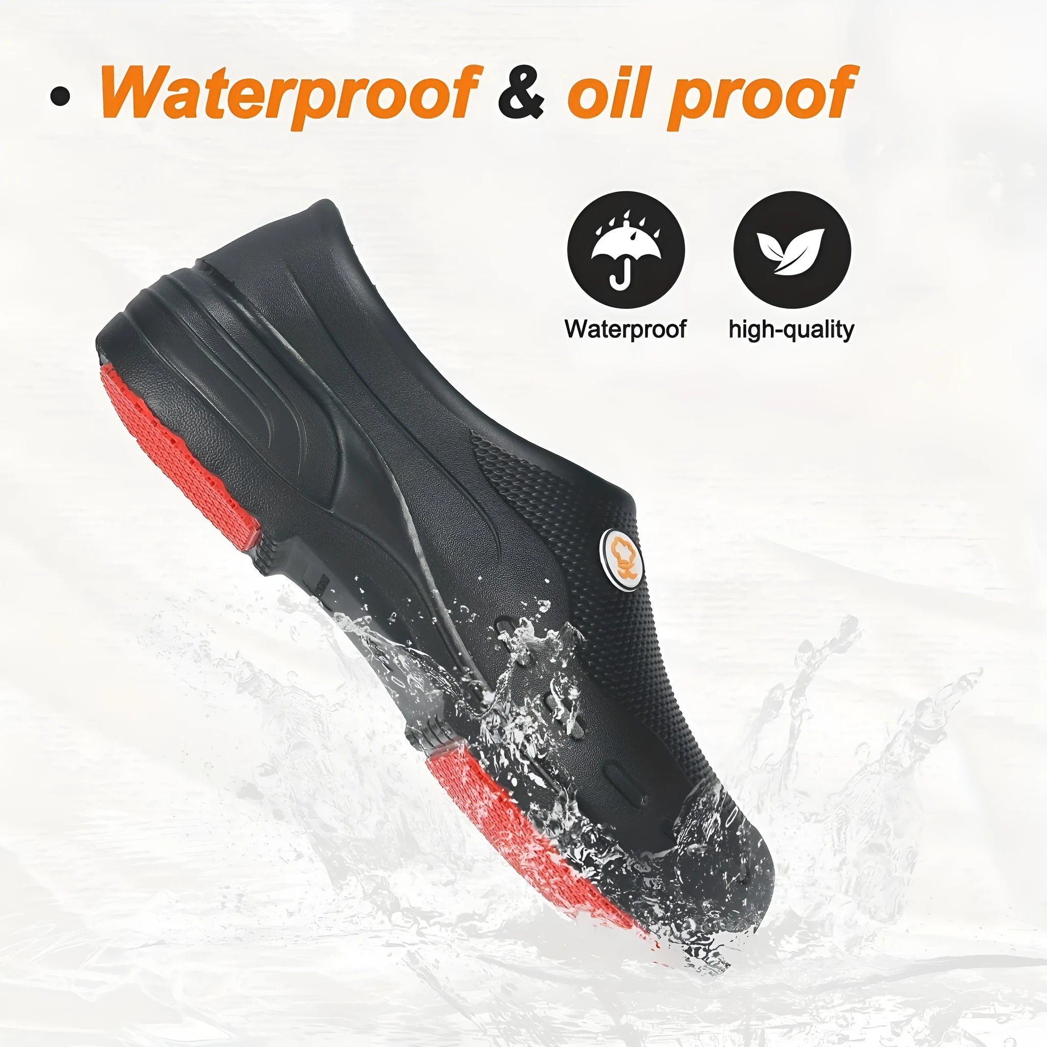 Men's non-slip work shoes in orange and black with PU upper and rubber sole