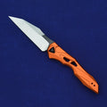 Black folding fruit knife with D2 steel blade and aluminium handle showing open and closed positions