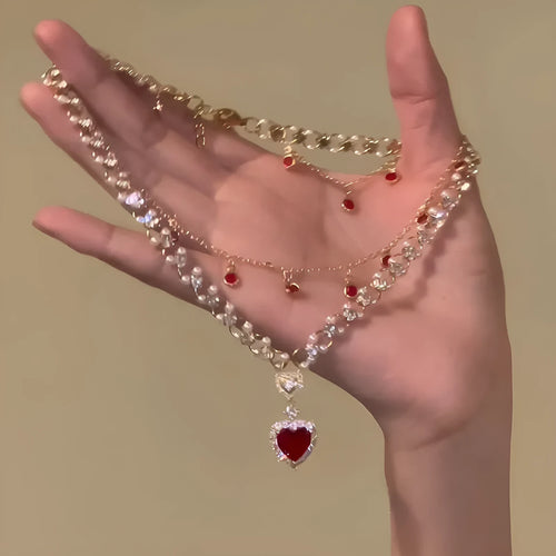 Red love heart pendant on twin layer alloy necklace with adjustable 41-50cm chain