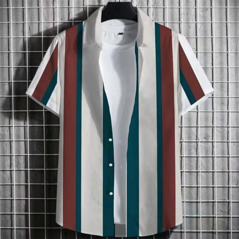 Men's striped linen T-shirt with 3D printing design in extended sizes