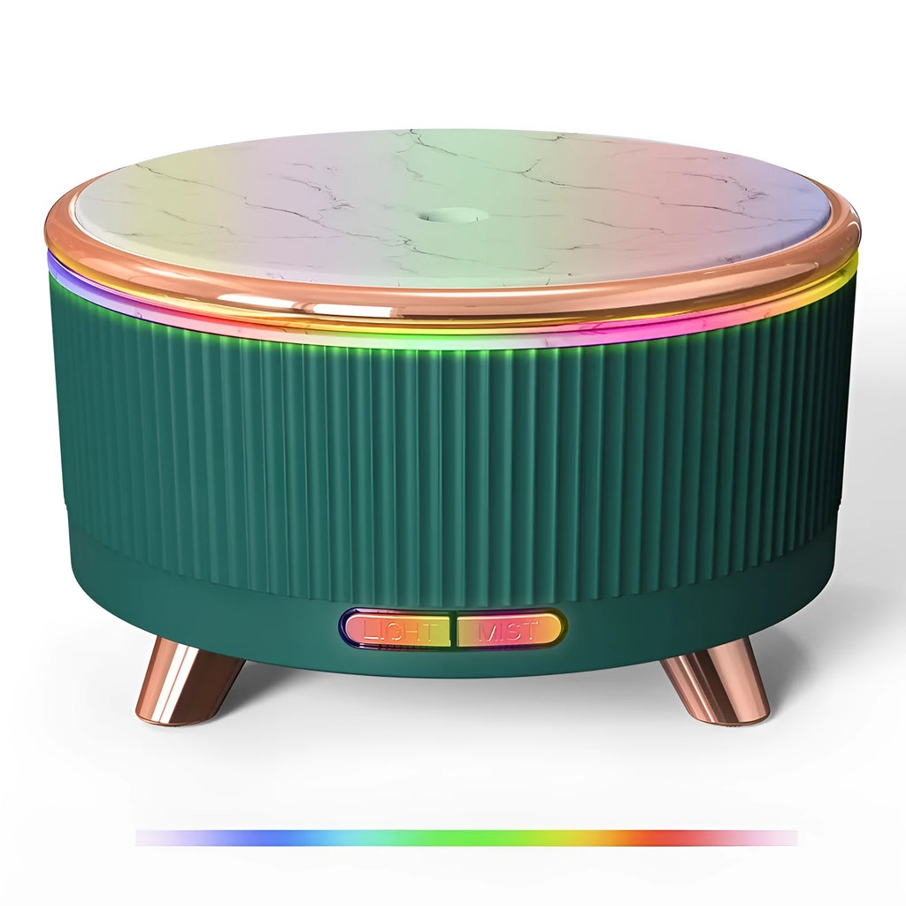 Round wood grain ultrasonic aroma diffuser with 500ml tank, five colour options, on a desktop