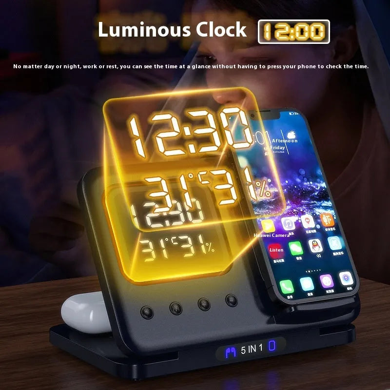 Black 5-in-1 wireless charging station displaying time and temperature, charging a phone and a smartwatch.