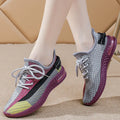 Women's lightweight casual running shoes in purple, black, or orange with plastic sole and lace-up front.