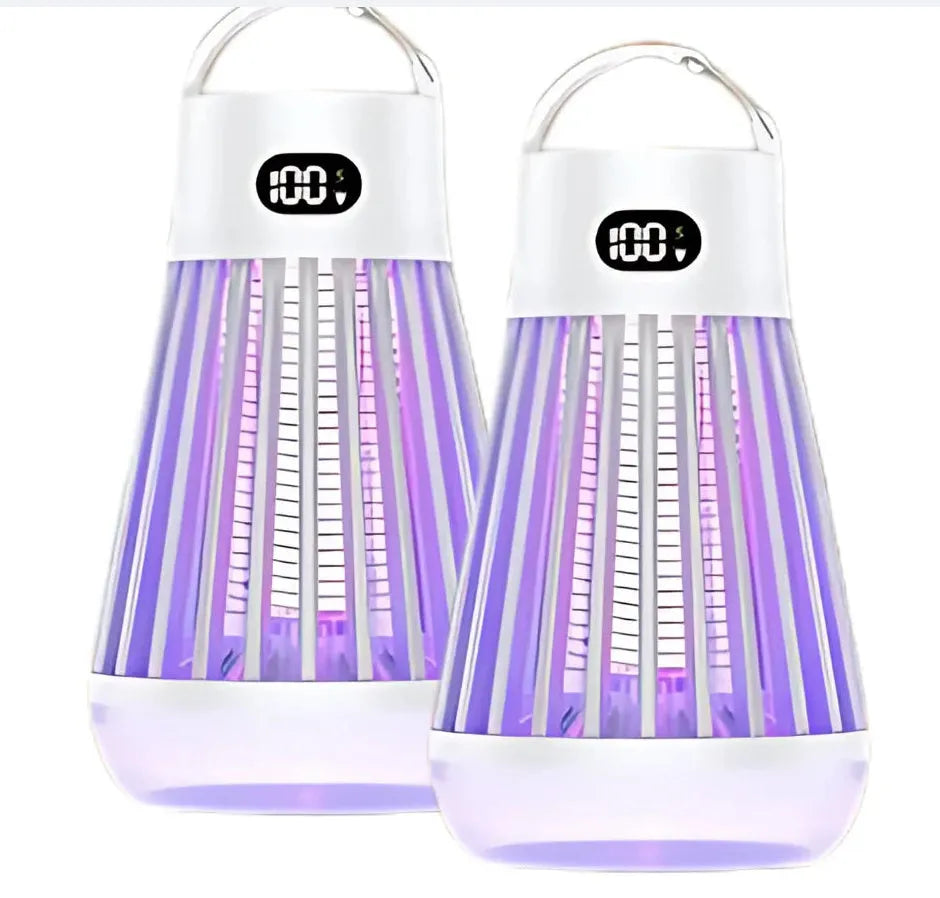 Digital display mosquito killer lamp with electric shock grid, white colour, on a tabletop with USB cable
