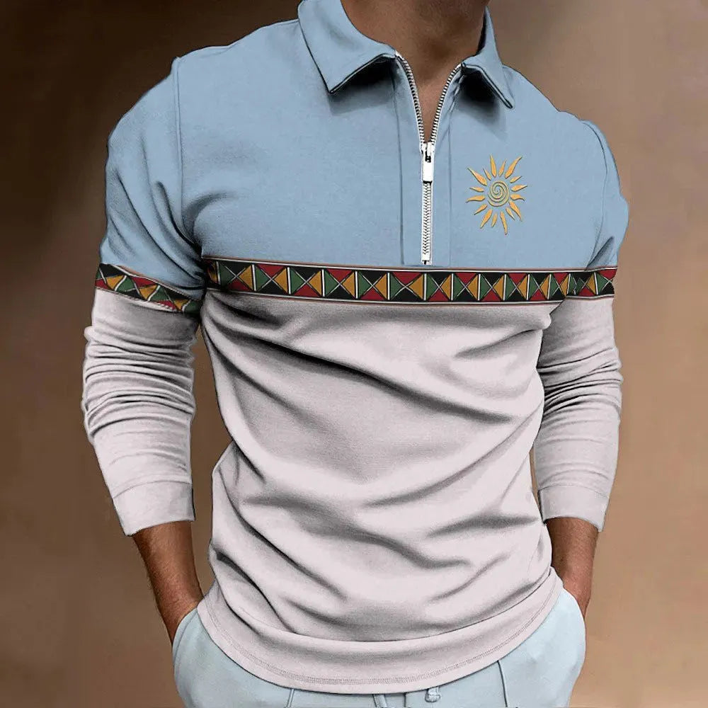 Men's loose-fit long-sleeve golf t-shirt with striped retro print and chest zipper decoration.