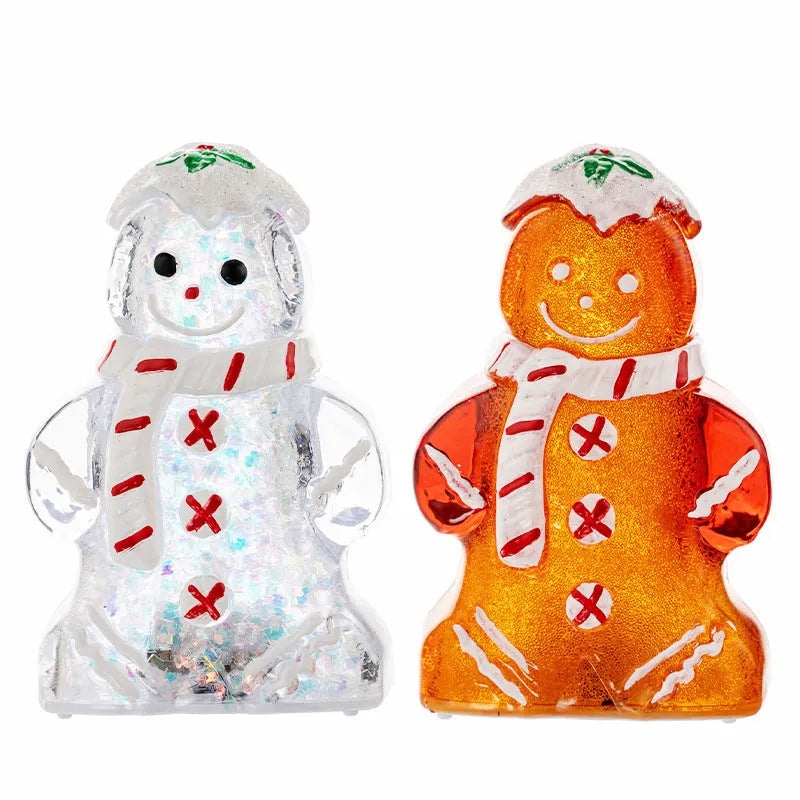 Glowing LED Christmas gingerbread man and snowman ornaments with removable scarves in different colours.