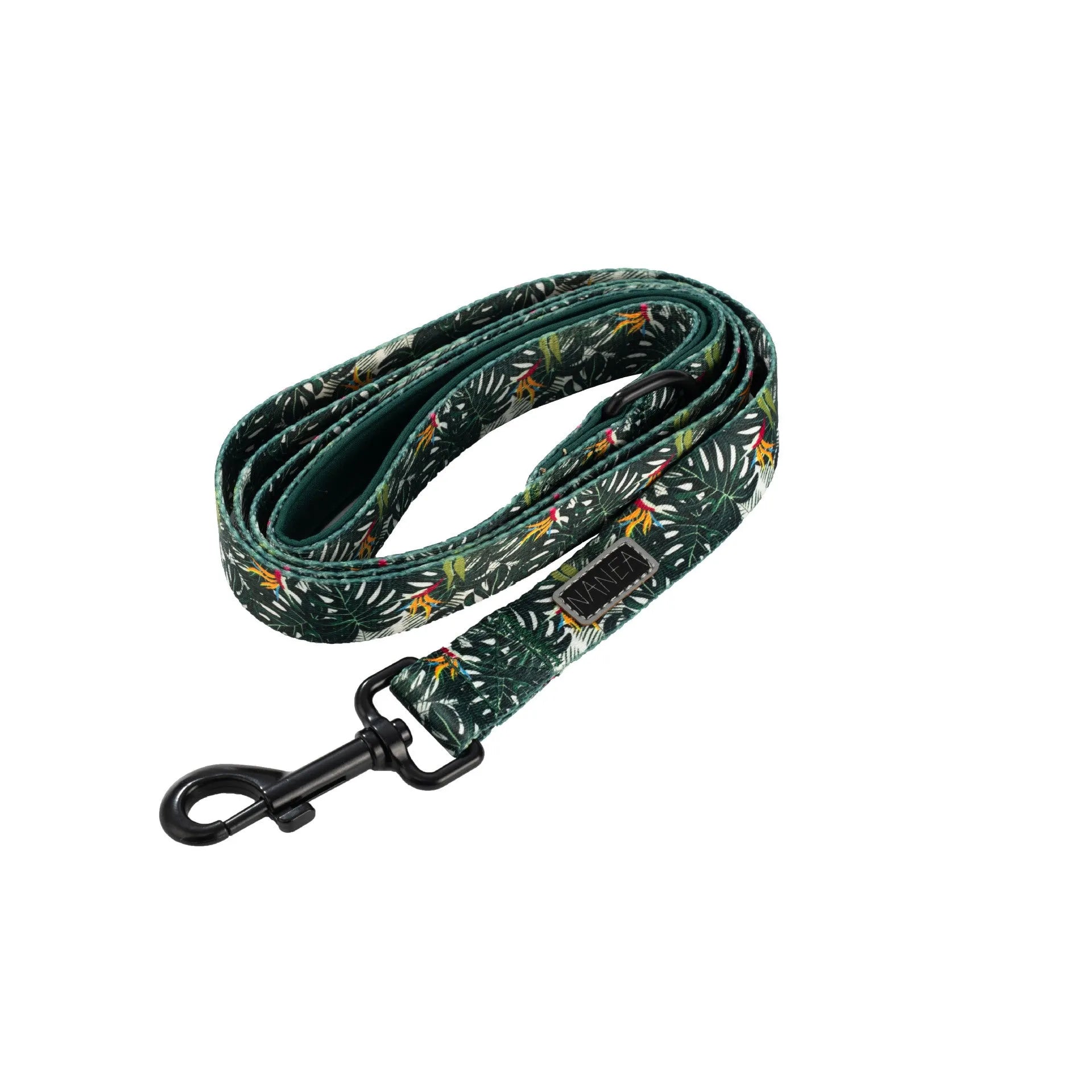 Adjustable cloth dog harness and leash six-piece set showing vest, collar, bow tie, scarf, waste bag, and leash in a gift package.