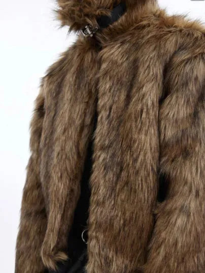 Men's long faux fur coat in raccoon fur colour with fur collar and regular sleeves
