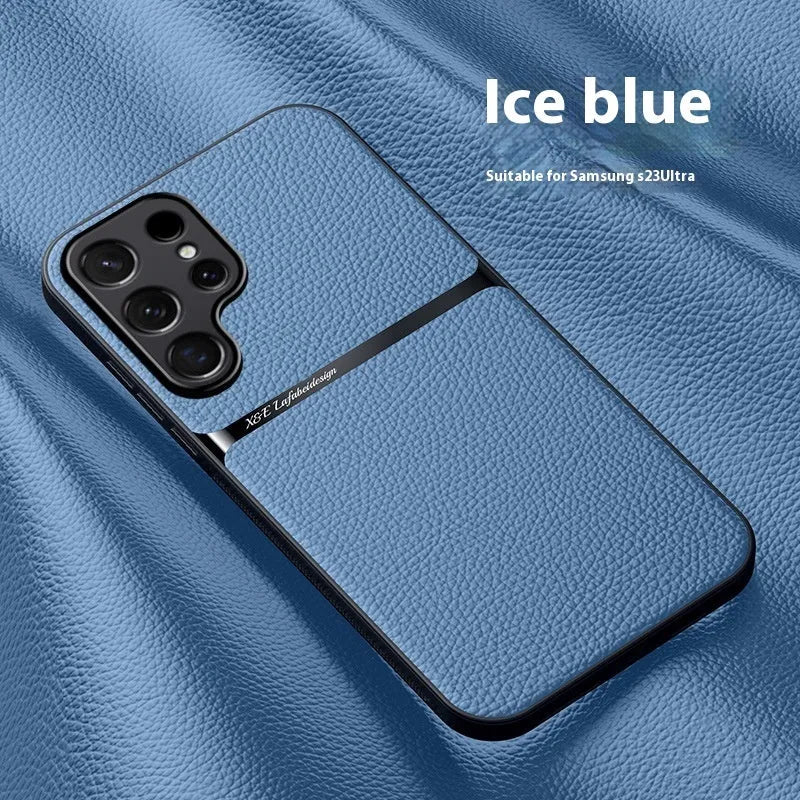 Litchi leather pattern Samsung phone case with embossed plaid design and magnetic anti-fall cover in Still Night Black.