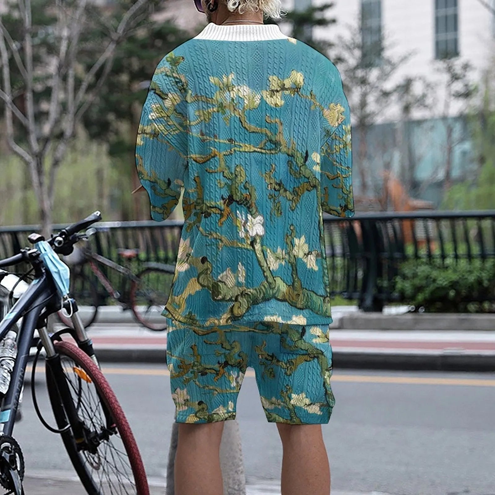 Men's peacock blue casual shorts suit set with printed T-shirt and matching trousers
