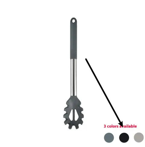 12-piece black silicone kitchen utensil set including spatula, spoon, and claw tools in a rotating storage bucket on a kitchen counter.