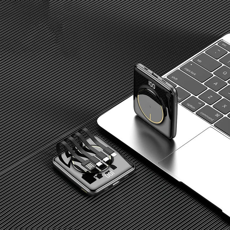 Black 20000mAh fast charging power bank with LCD display showing battery percentage.