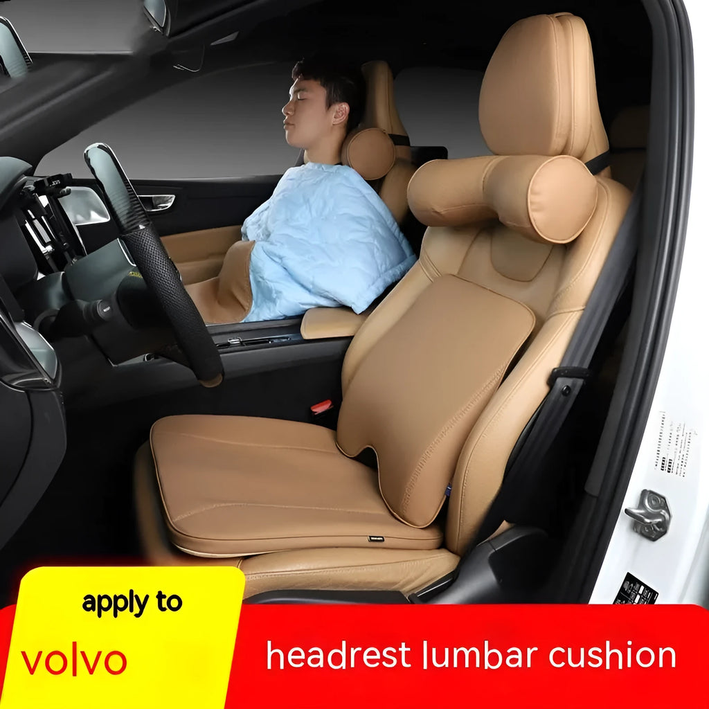 Volvo car headrest, neck pillow, and lumbar support cushion set in a minimalist design on a car seat