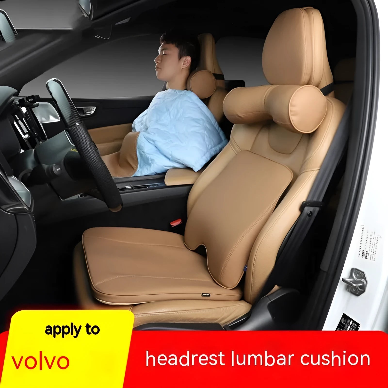 Volvo car headrest, neck pillow, and lumbar support cushion set in a minimalist design on a car seat