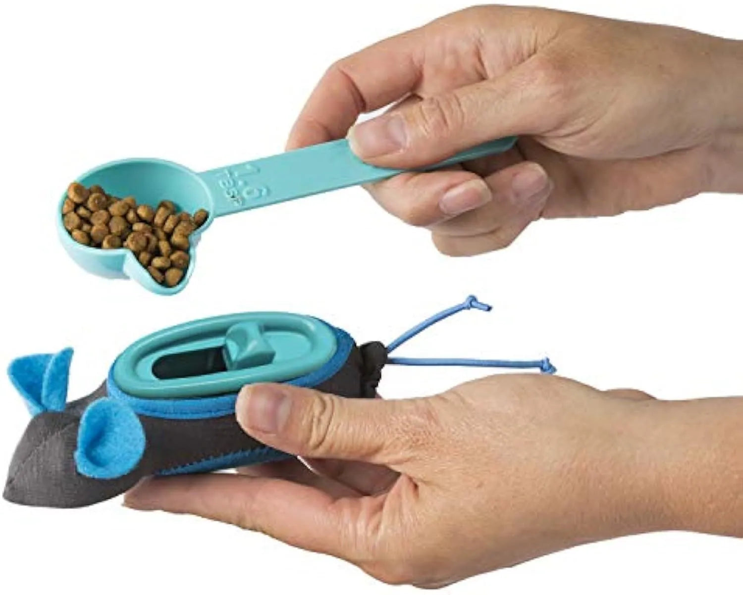 Blue Nteractive Indoor Treat Dispenser Mouse Toy with fabric outer skin and removable inner plastic feeder