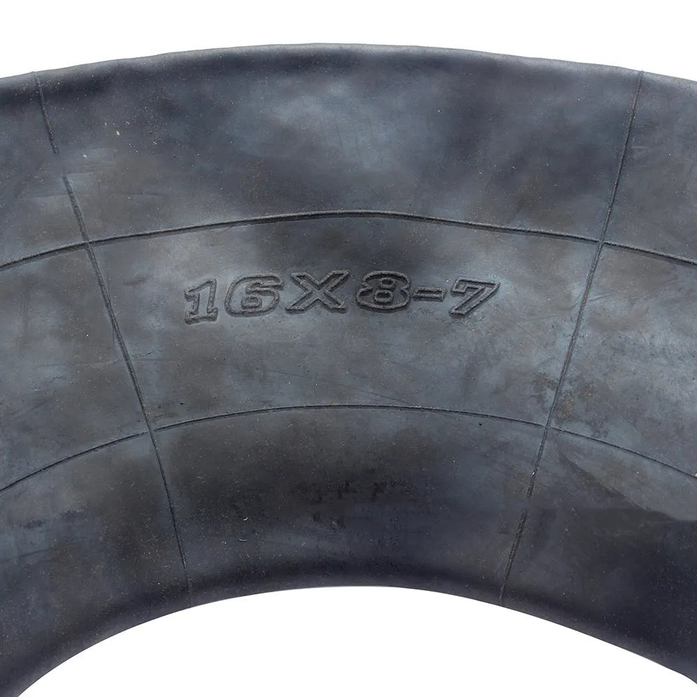 Set of two 16x8.00-7 size black inner tubes with TR13 straight valve stems and four dust caps.