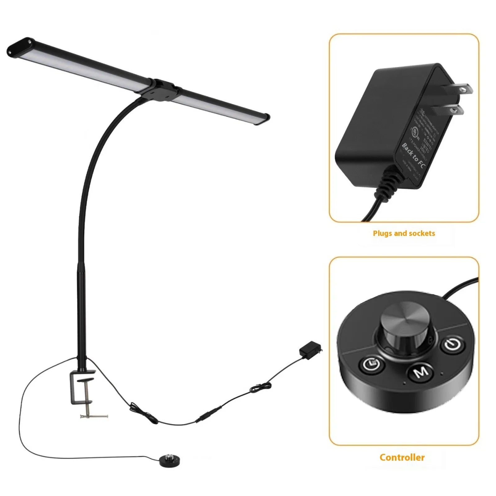 Black LED double-headed gooseneck remote control desk lamp with eye protection on a wooden desk top