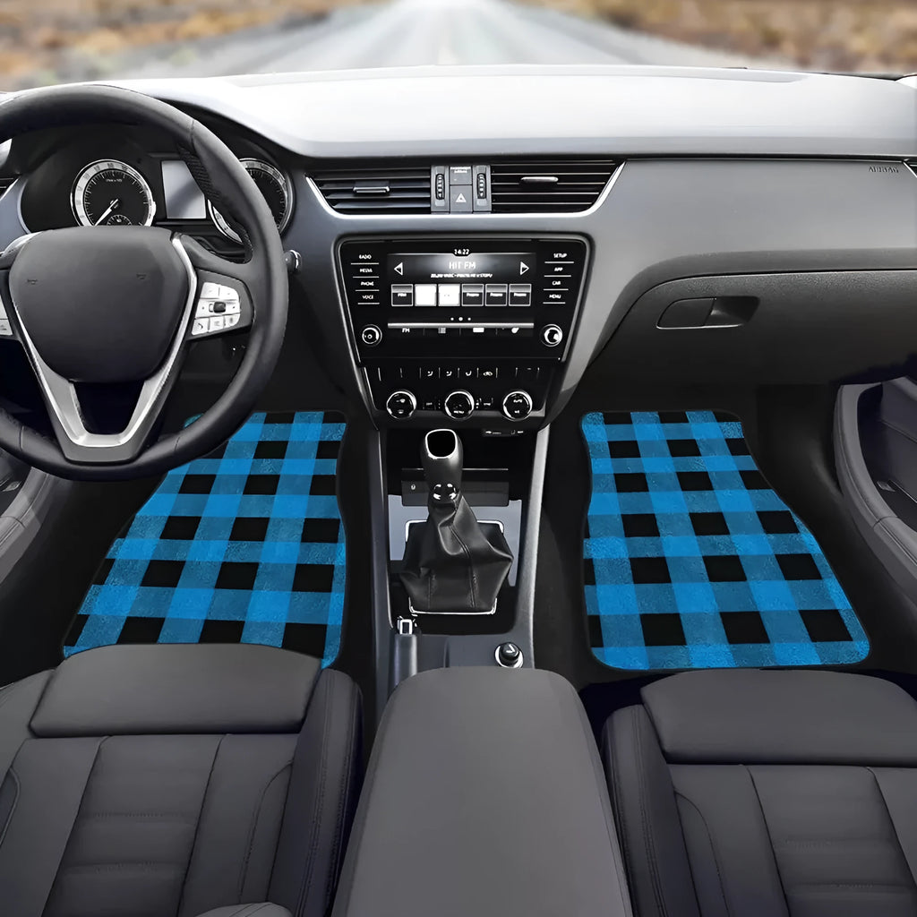 Black four-piece set of 20mm thick printed rubber car foot mats with textured surface.