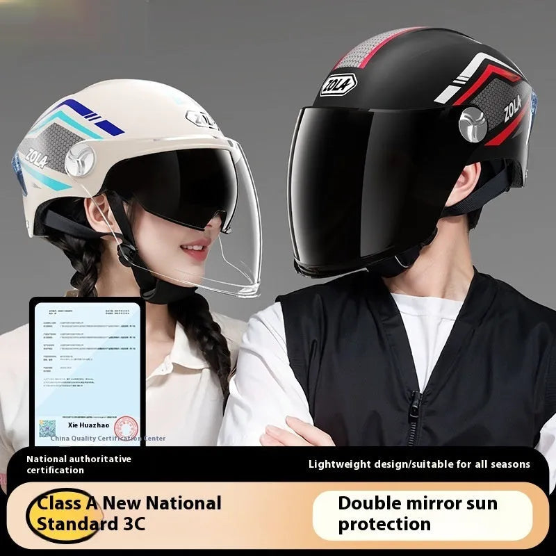 3C certified motorcycle half helmet with fixed sun visor and dual side mirrors in light brown colour