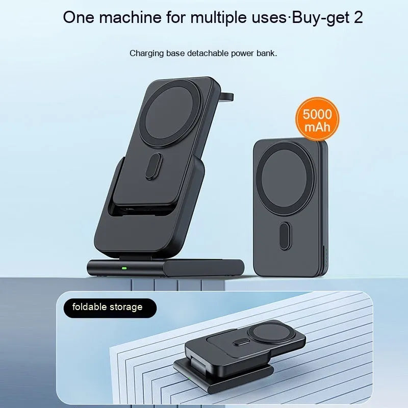 Magnetic three-in-one power bank with 5000mAh capacity, foldable bracket, charging an iPhone, Apple Watch and AirPods
