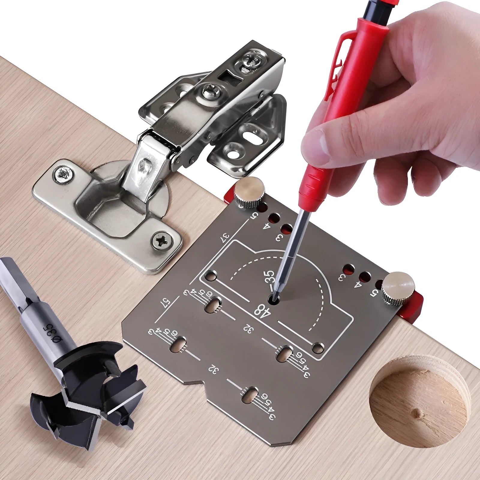 Red aluminium alloy hinge locating rule tool for 35mm cabinet hinges with adjustable margin settings