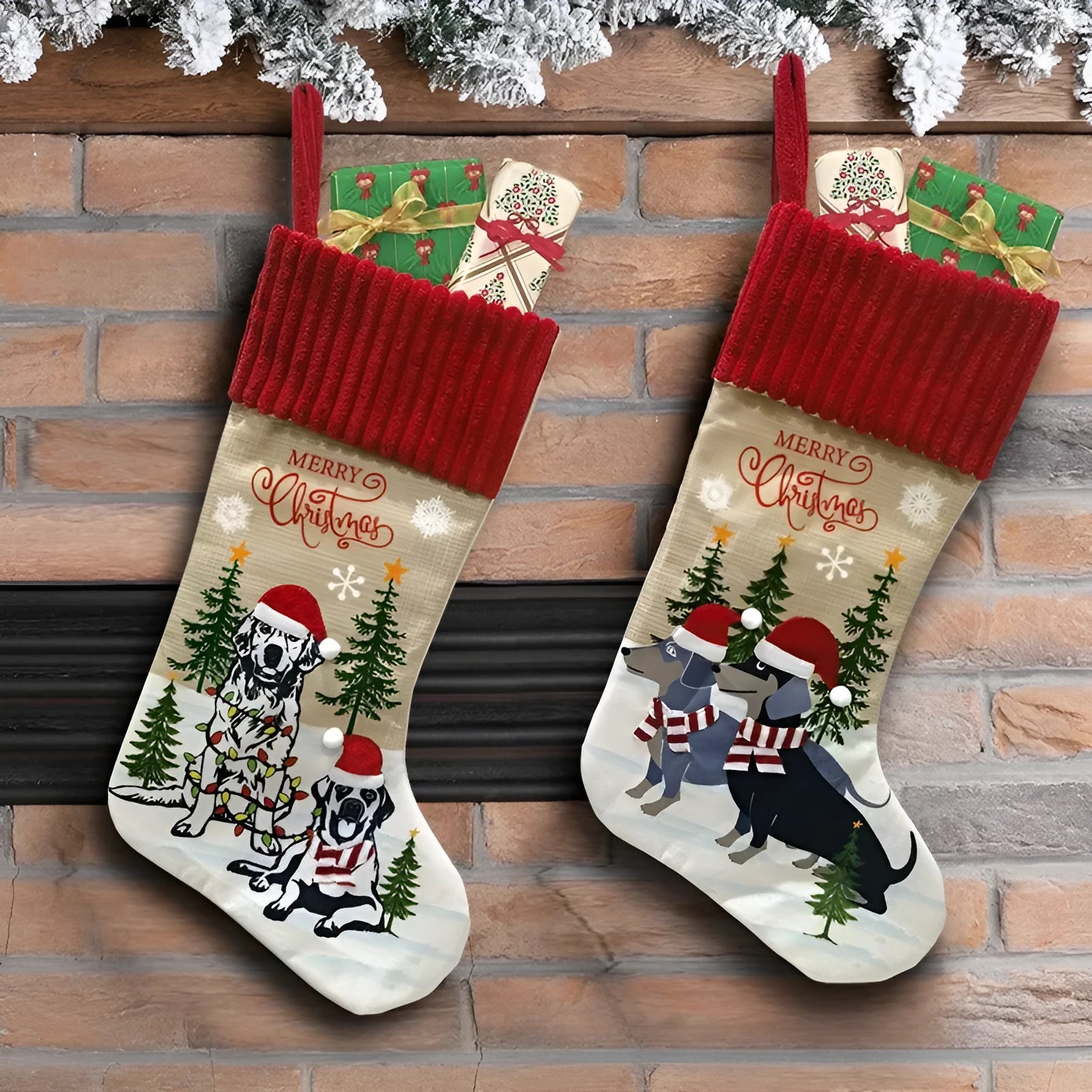 Christmas tree pendant ornament with cat and dog fireplace design measuring 46x28cm