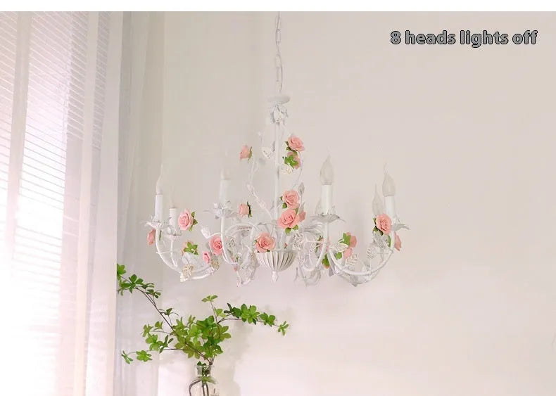 Wrought iron chandelier with flower and plant detailing, 3 6 or 8 heads, 220V, French pastoral style