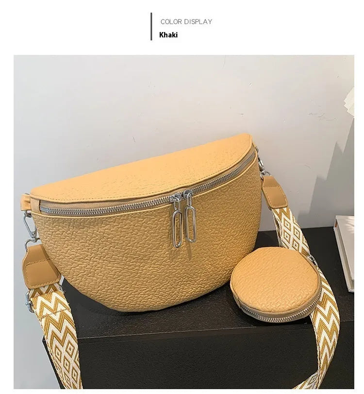 Solid colour women's crossbody bag with textured PU leather and clamshell design
