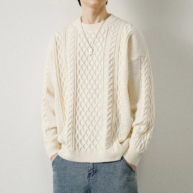 Men's round neck knitted sweater pullover in beige, loose fit polyester fibre top