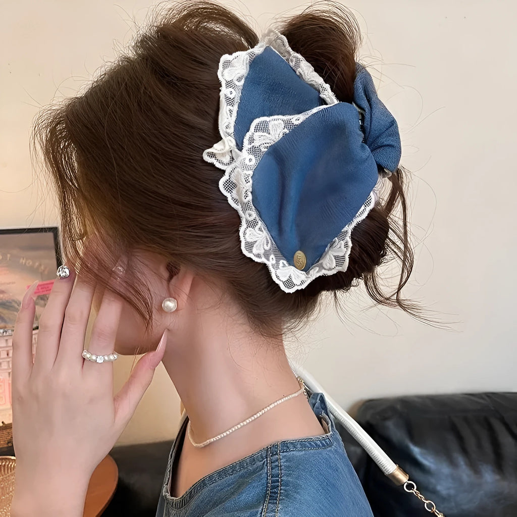 Handmade denim bow hairpin with triangle grip and acrylic decorations for women's hair