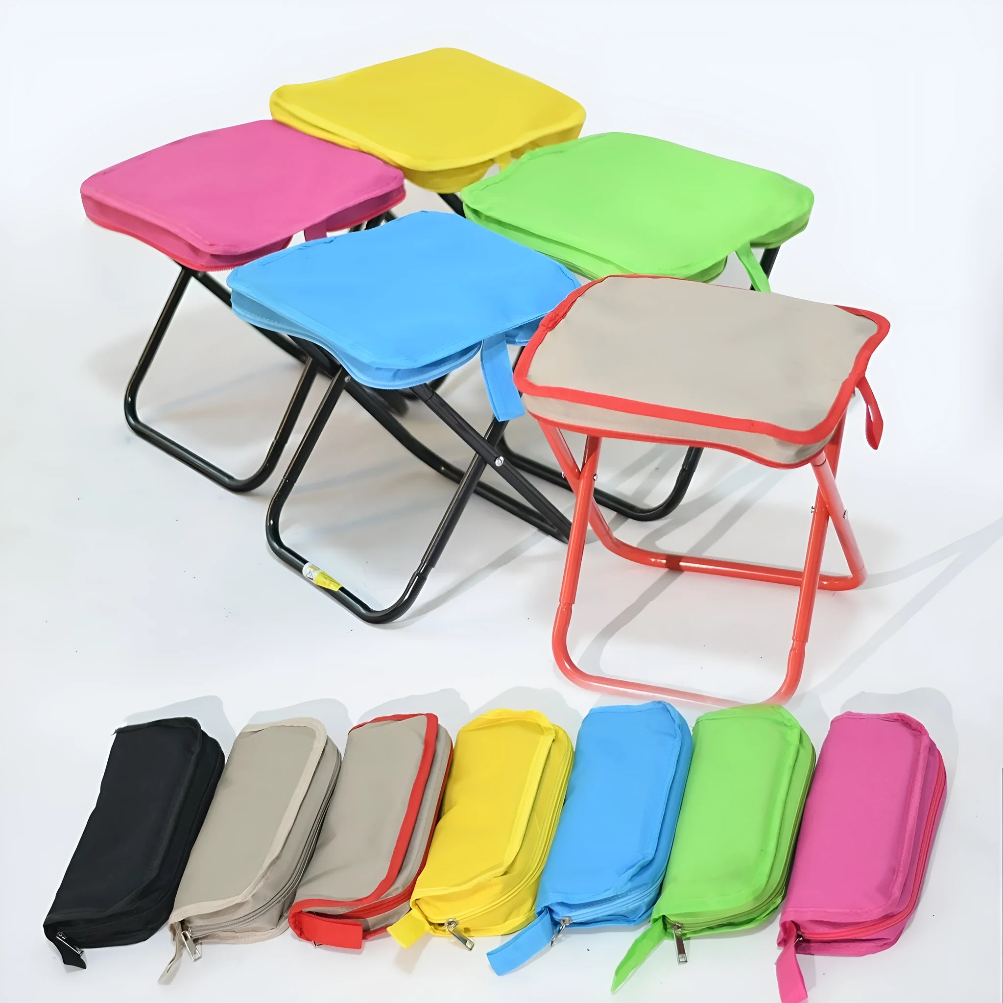 Lightweight foldable camp stool in Oxford cloth, shown in khaki colour, folded and unfolded.