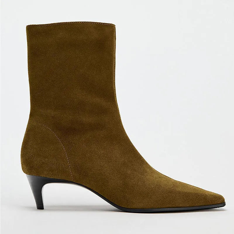 Brown square-toe mid-calf boots with a side zip and a stiletto kitten heel on a plain background.