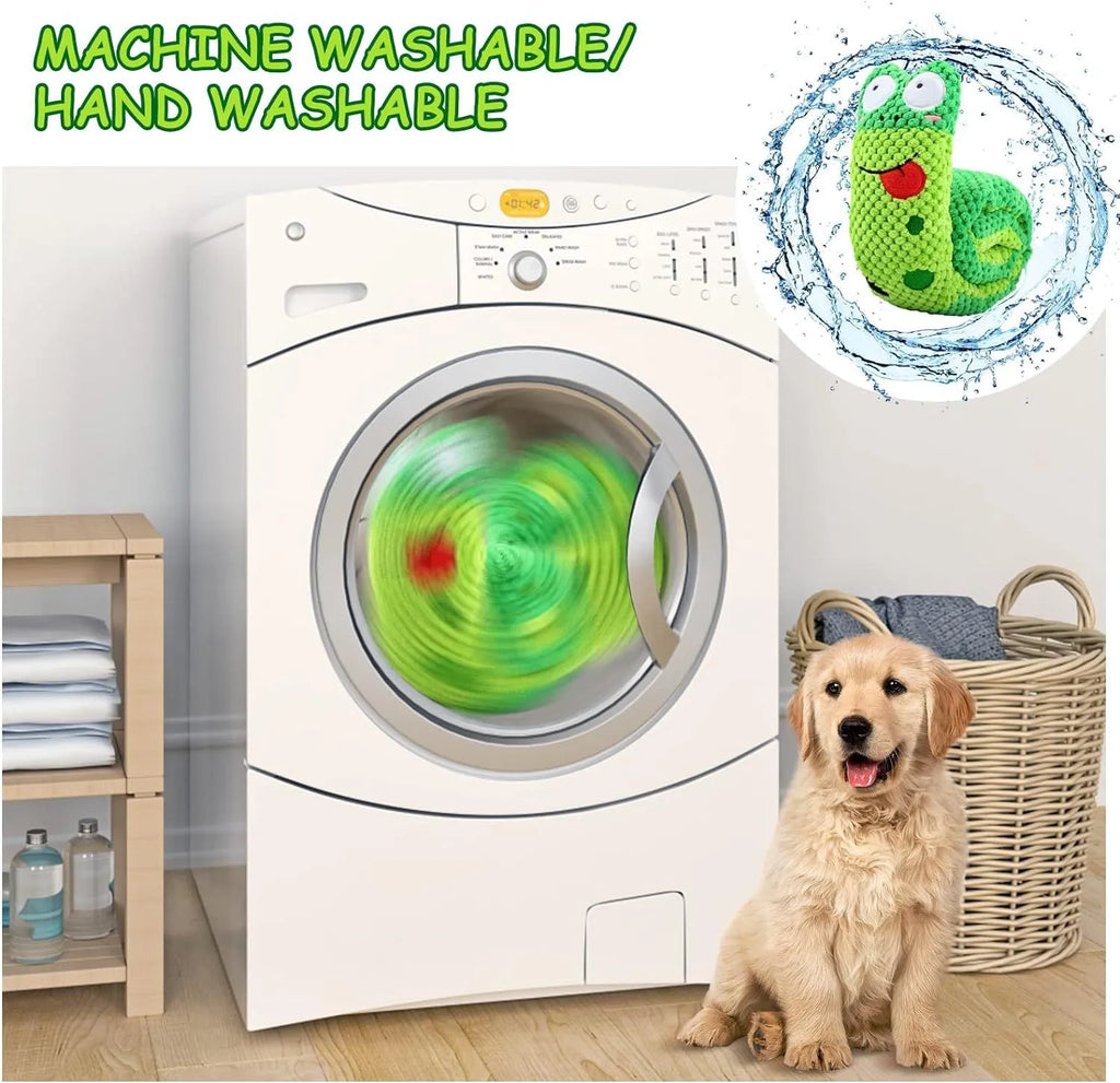Green frog-shaped velvet dog squeak toy with hidden food holes for foraging puzzles.