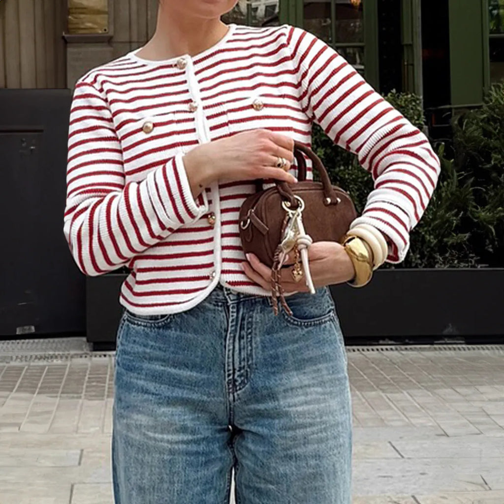 Red and white striped long sleeve button-down shirt in polyester, sizes S to XL