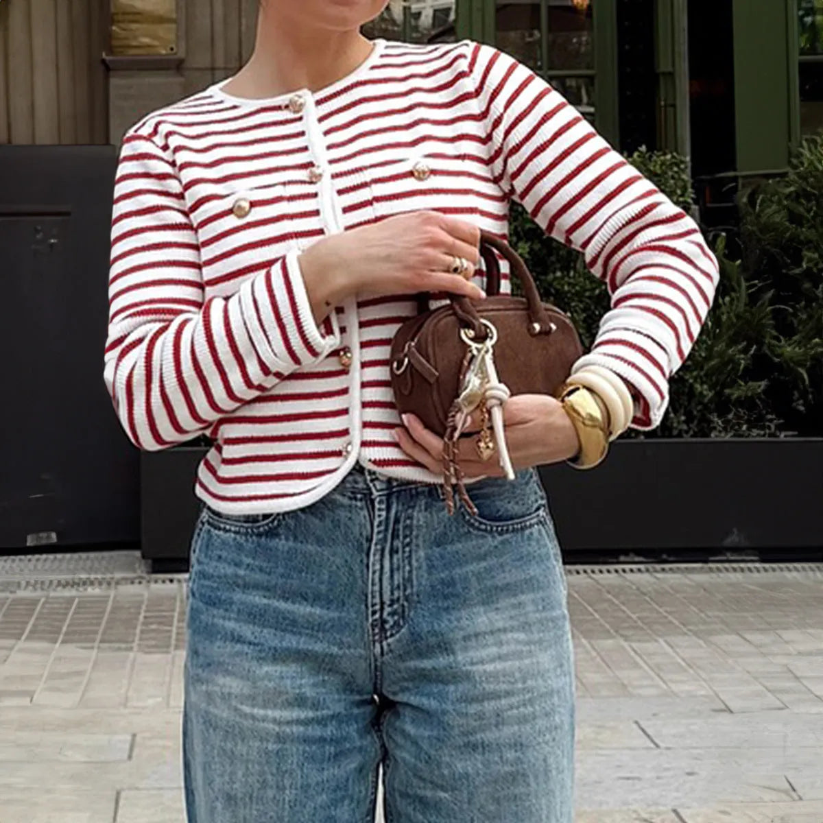 Red and white striped long sleeve button-down shirt in polyester, sizes S to XL