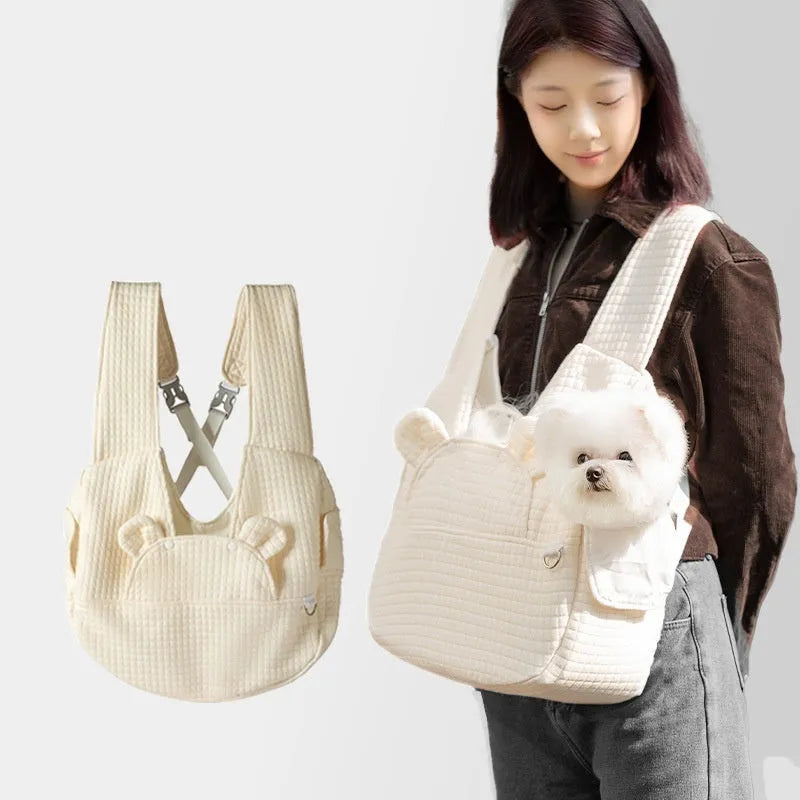 Grey quilted cross-chest pet diaper backpack for small dogs and cats.