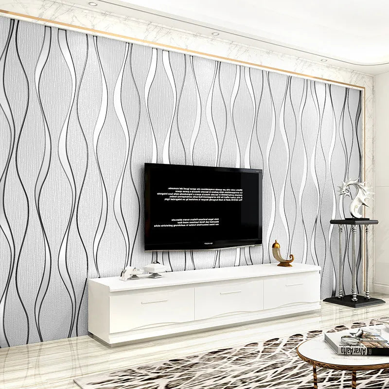 Curve stripe 3D wallpaper roll, 9.5m x 0.53m, light gray non-woven wall cloth