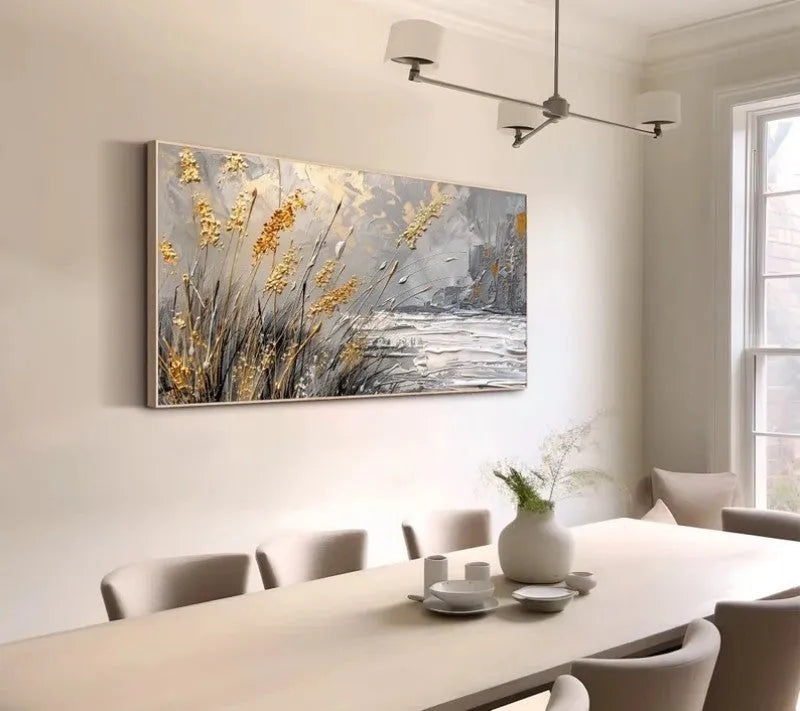 Hand-painted abstract lake reed beds oil painting on unframed horizontal canvas for wall art