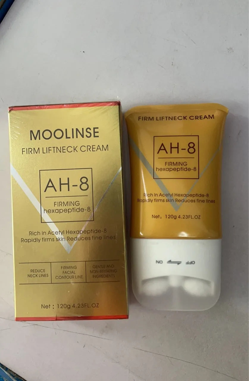 Neck moisturising cream jar with a separate neck roller applicator on a plain background.