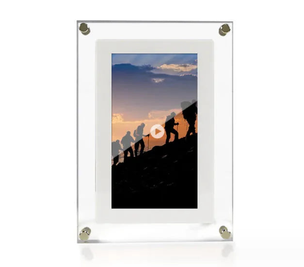 White vertical digital picture frame with 5-inch screen on a table