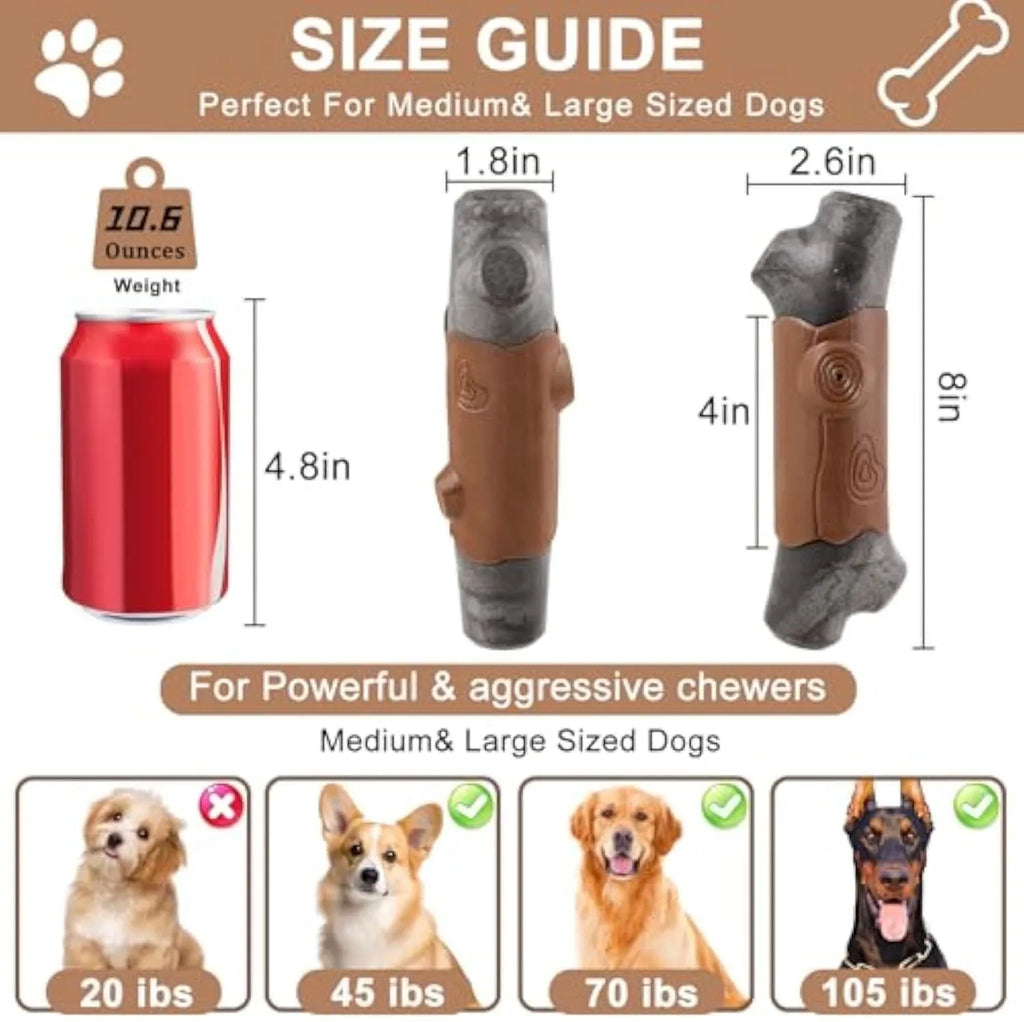 A brown, branch-shaped durable nylon dog chew toy with texture, suitable for large aggressive chewing dogs.