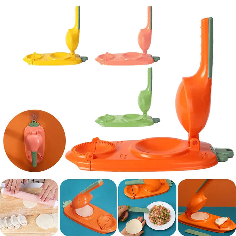 Orange and white plastic manual dumpling maker tool with press and mould.