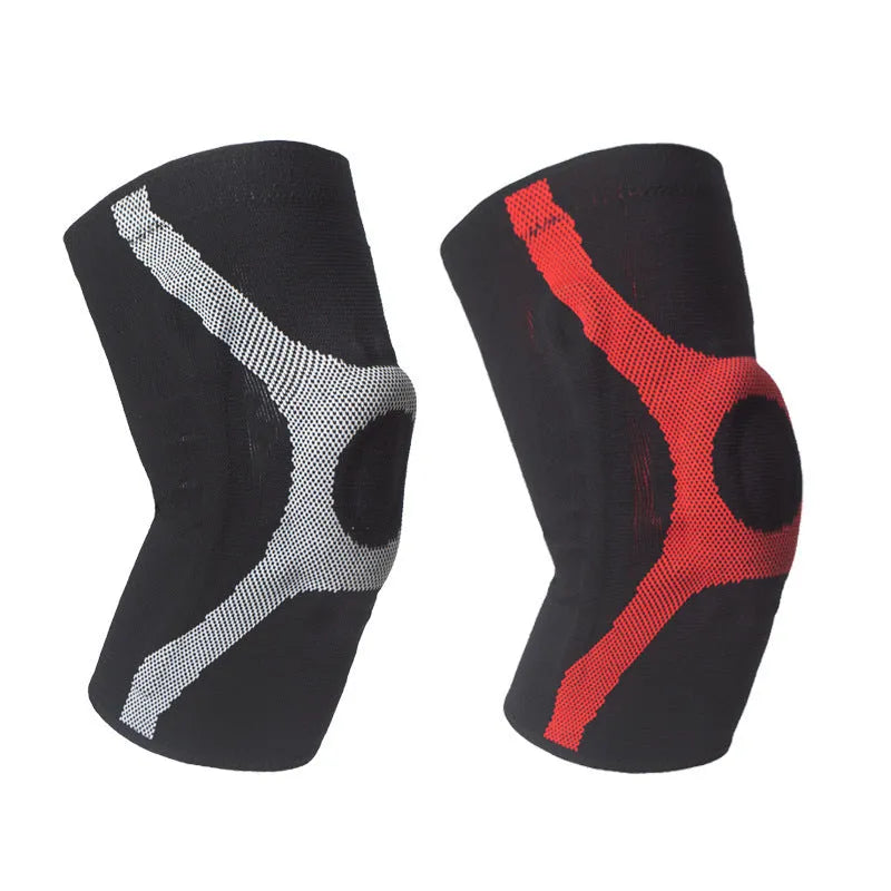 Red and grey silicone sports knee pads with knitted fabric and non-slip grip for running and climbing