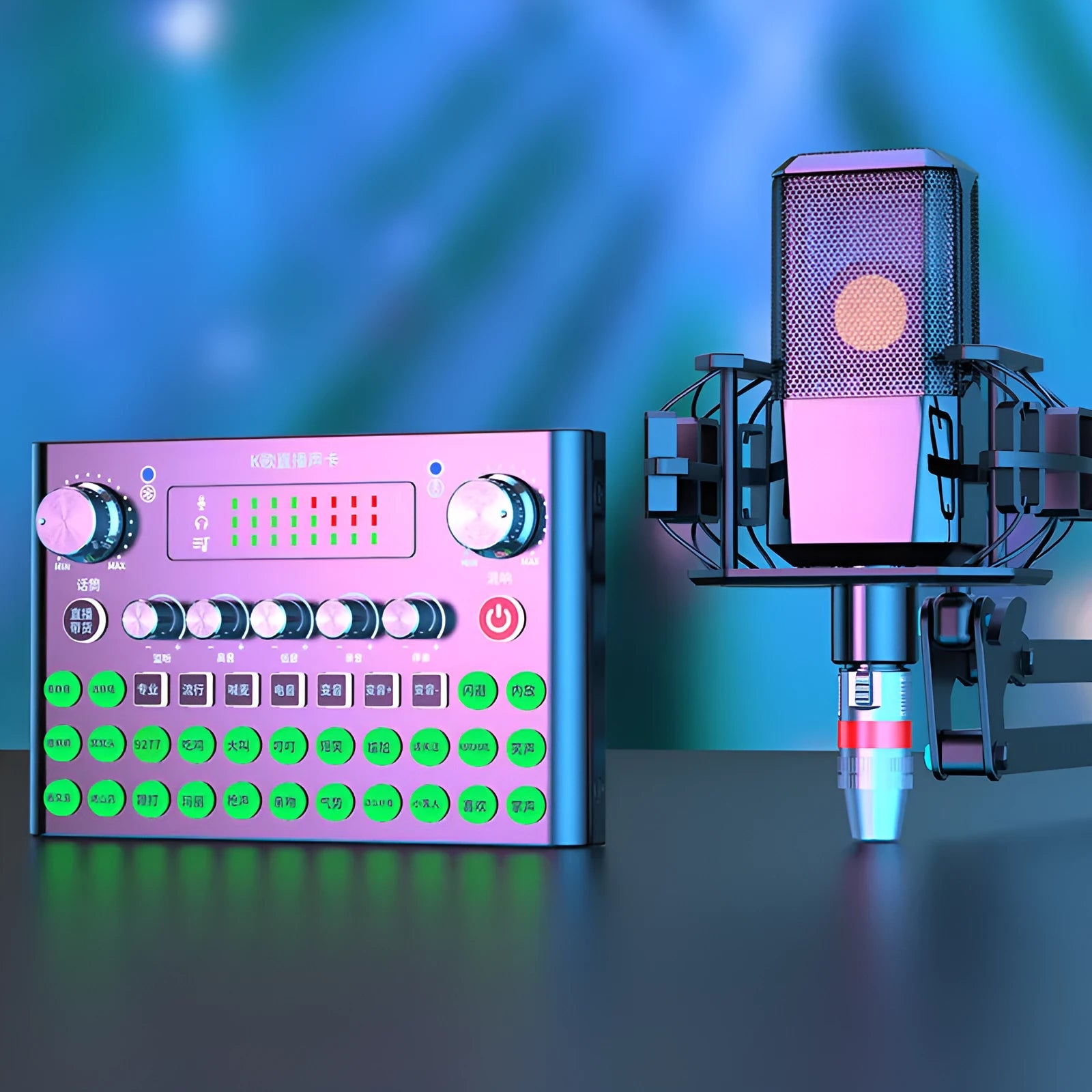 F007plus wireless live broadcast sound card with condenser microphone on its included bracket