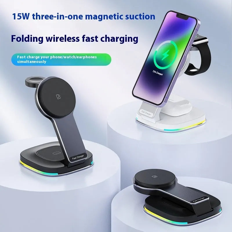 15W three-in-one wireless charger stand for phone, earbuds and watch in black aluminium finish