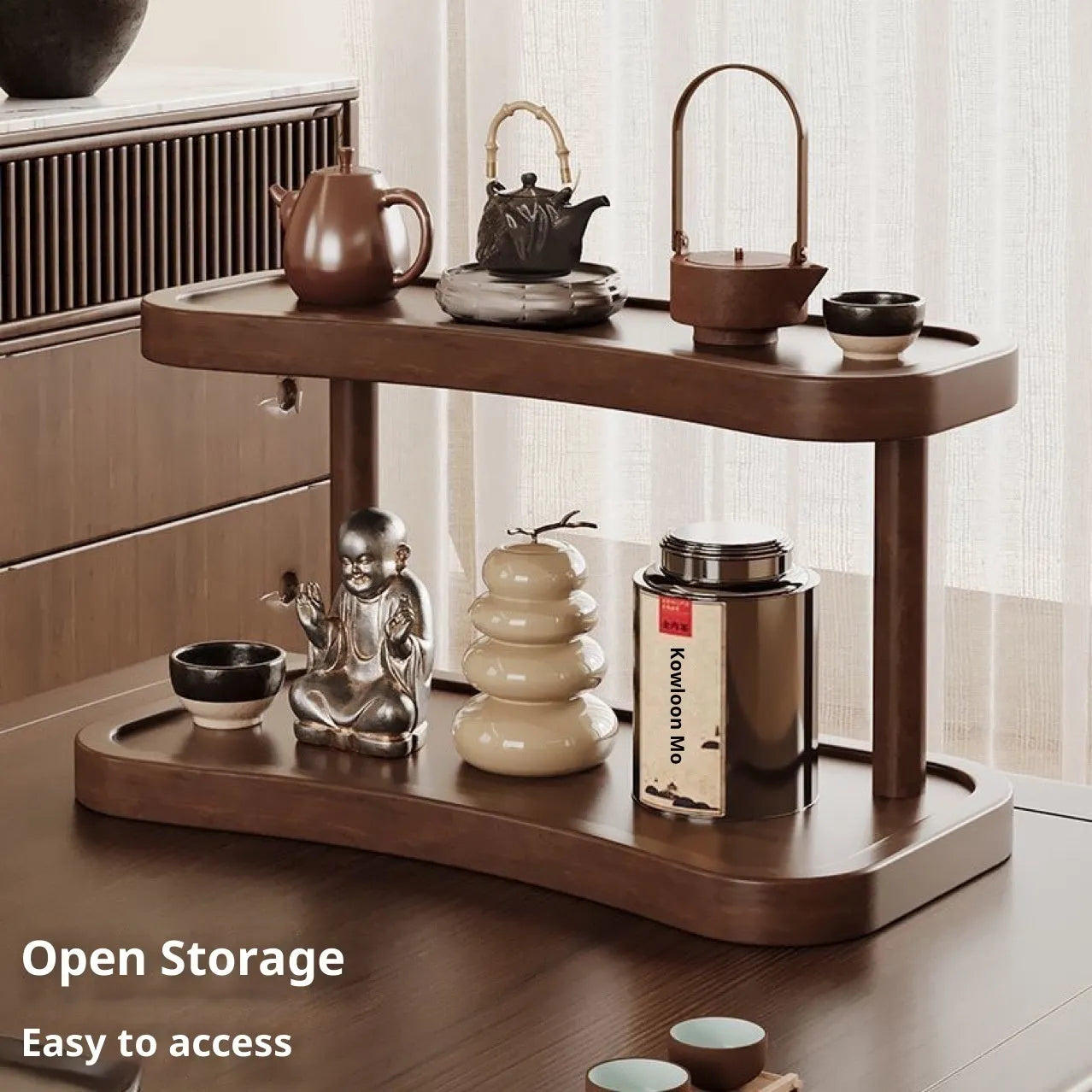Two-layer bamboo cup storage rack with thickening finish on a tabletop, available in large or small size, portable and creative style.