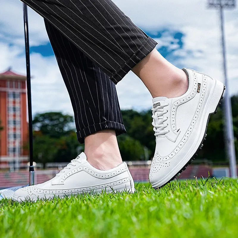 Men's genuine leather golf shoe with non-slip rubber outsole in Lake Blue or White.
