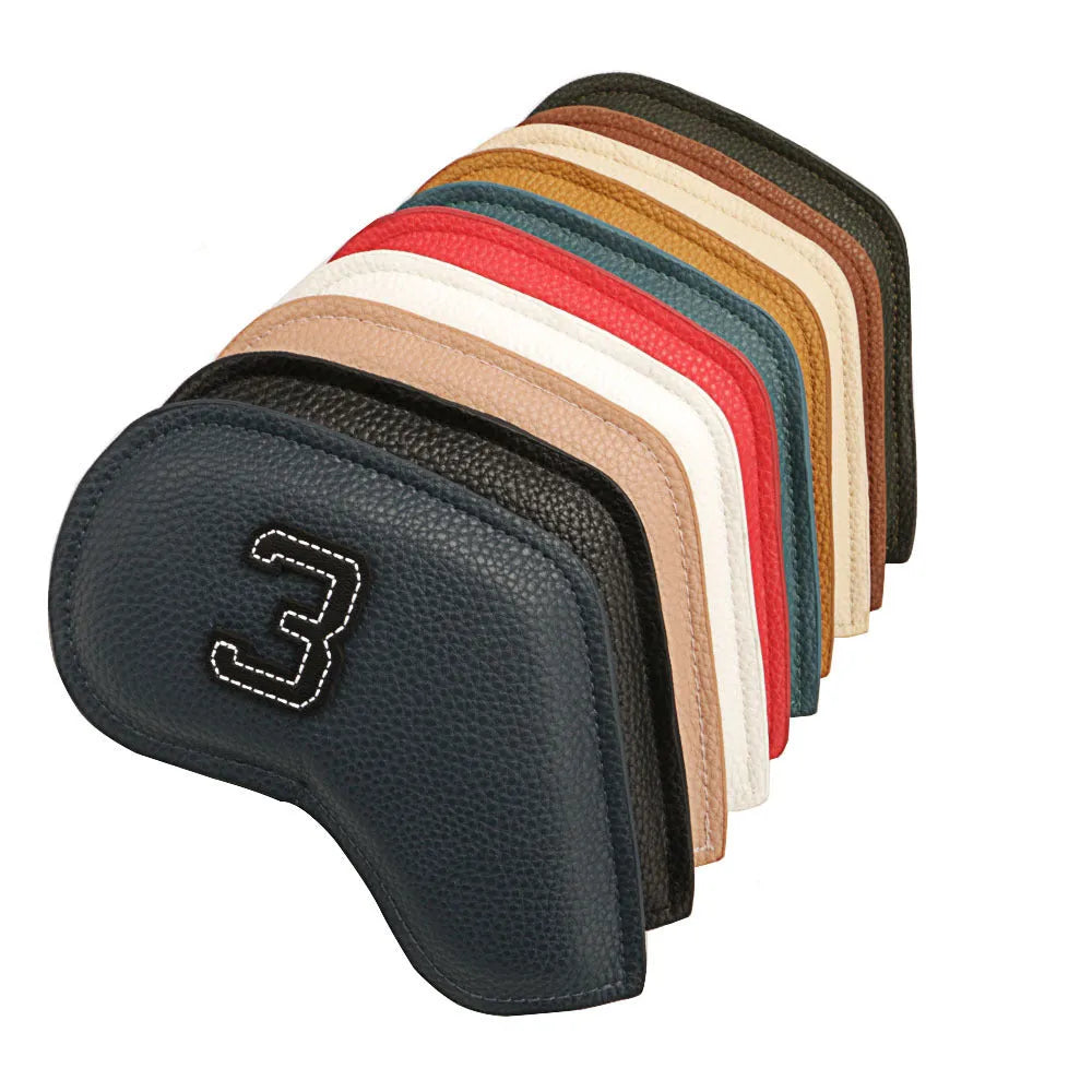 Set of 10 assorted colour digitally printed PU golf club head covers for drivers and irons.
